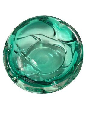 Vintage MCM Emerald Green Hand-Blown Glass Ashtray Abstract Design